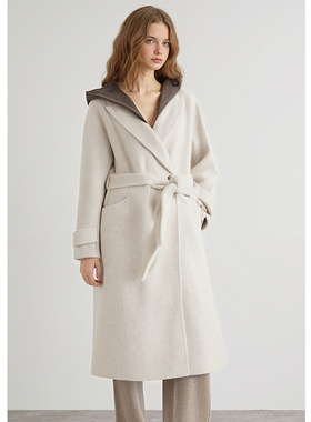 EF【商场同款】通勤百搭中长大衣2025冬季新款绵羊毛95.8%外套女