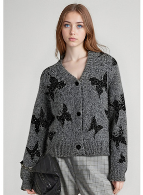 EF复古时尚宽松V领毛衫女2025冬季新款撞色蝴蝶结单排扣针织开衫