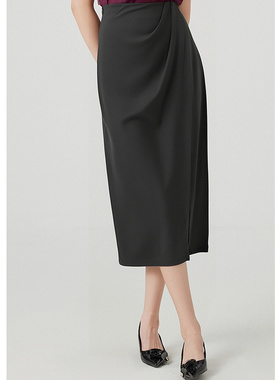 EF气质通勤黑色开叉设计感半身裙女2025秋季新款高腰褶皱包臀裙