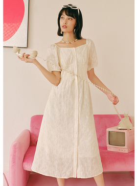 EF法式优雅气质方领收腰中长裙2025秋季新款高级泡泡袖设计连衣裙