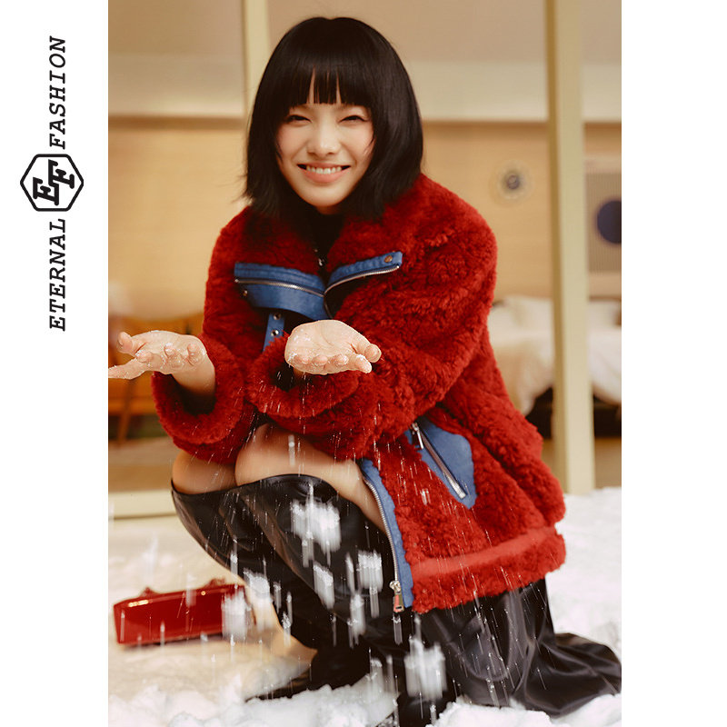 EF复古撞色拼接口袋设计羊羔毛大衣2025冬季新款保暖短款外套,女装/女士精品,短外套,淘宝优惠券,粉丝福利购,淘宝优惠卷