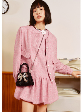 EF圆领镶边钻饰小香风无袖连衣裙2025冬季新款减龄口袋设计短裙女