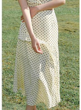 EF法式优雅荷叶边A字裙女装2025夏季新款波点开叉高腰半身裙