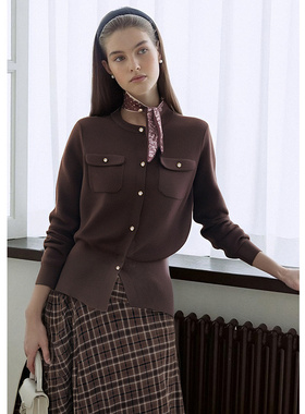 EF【商场同款】复古飘带红丝巾设计感毛衫女2025冬季新款针织开衫