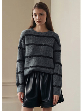 EF【商场同款】复古宽松条纹时尚针织衫2025冬季新款圆领长袖毛衫