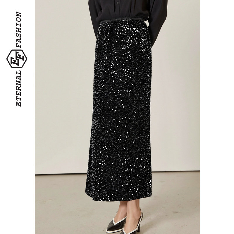 EF重工亮面珠片高腰直筒显瘦A字2025冬季新款半身裙中长款一步裙