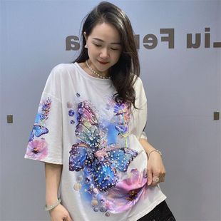 新款 女烫钻T恤宽松 2024年夏季 短袖 上衣 炫彩梦幻蝴蝶圆领大码 半袖