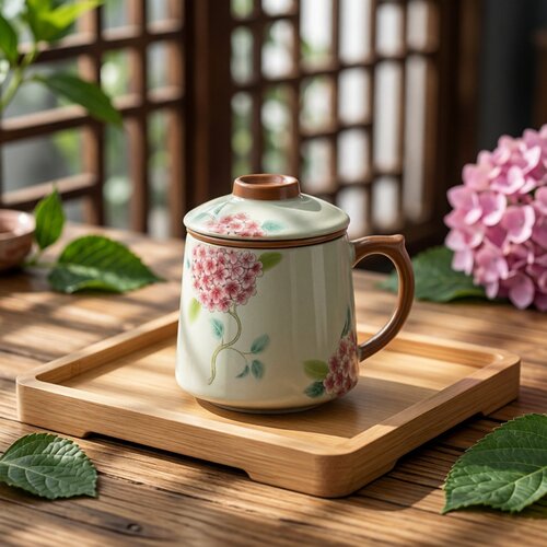 汝窑陶瓷茶水分离带盖办公泡茶杯
