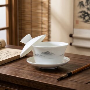 320ml八宝茶大盖碗中式德化陶瓷羊脂玉白瓷山水茶具配件泡茶杯
