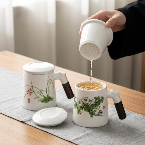 羊脂玉办公茶杯陶瓷内胆茶水分离