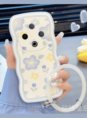 适用vivoy300手机壳y200+新款y300i蓝色y200gt花朵ins风y300pro+波浪边y100透明z5硅胶y93s腕带y76s防摔y36s