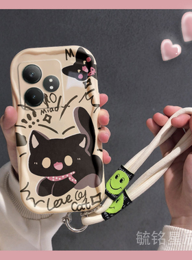 新款卡通黑色猫咪适用realme真我GTNeo6SE手机壳GT5pro奶油纹5/SE全包3防摔2带挂绳的GT大师探索版大师版oppo