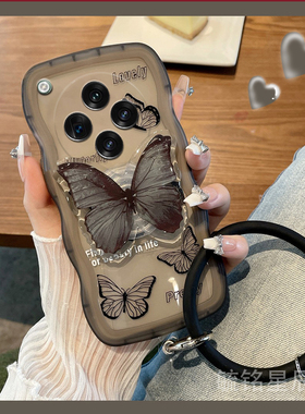 新款波浪边黑色蝴蝶适用oppofindx8手机壳findx7透明findx6带支架的x5手环findx8pro女x8ultra小众ins全包x3