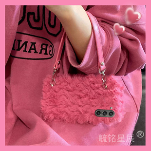 适用三星zflip6手机壳折叠屏zflip5毛绒4玫红3爱心zfold6带挂绳的2折叠款防摔w24flip翻盖腕带w23简约w21秋冬