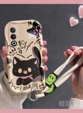新款卡通黑色猫咪适用OPPOK12手机壳K11/X奶油纹K10活力版K10Pro全包防摔带挂绳的不撞壳小众创意情侣硅胶套