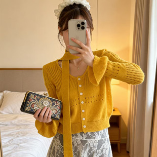 多巴胺黄色钩花镂空针织开衫女春夏防晒短款设计感小众飘带上衣