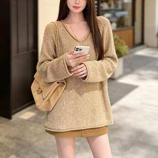 韩系松弛感穿搭V领亮片针织衫女宽松慵懒风中长款高级感毛衣上衣