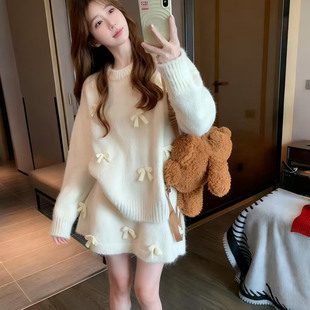 韩系一整套穿搭毛衣套装 重工蝴蝶结减龄针织短裙两件套 女秋冬新款