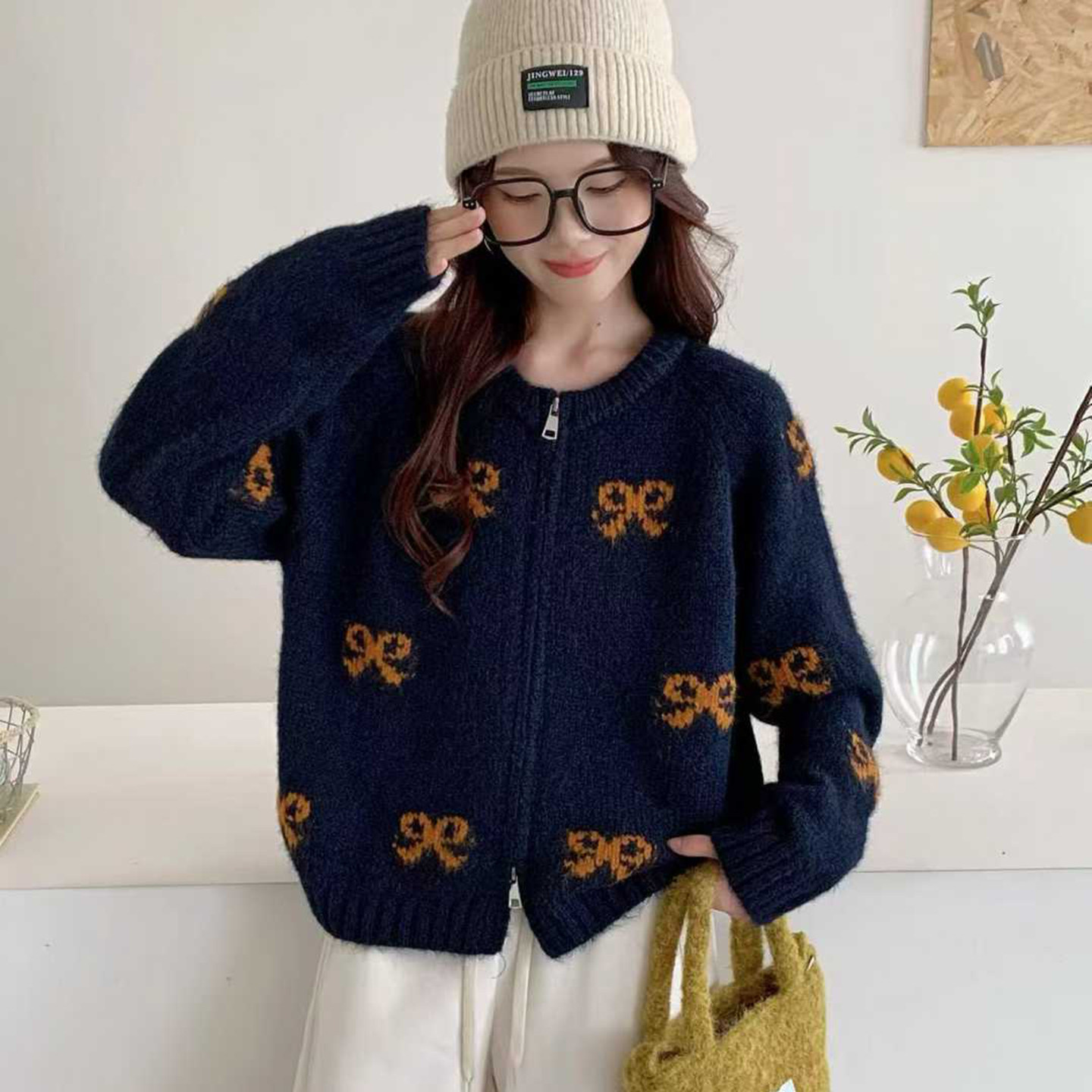 韩系拉链蝴蝶结刺绣针织开衫女秋冬新款宽松显瘦百搭软糯毛衣外套,女装/女士精品,毛针织衫,淘宝优惠券,粉丝福利购,淘宝优惠卷