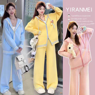 两件套 外套阔腿裤 秋冬新款 超火韩系穿搭一整套学院风连帽毛衣开衫