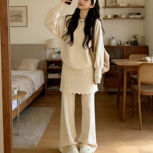 韩系温柔风一字领针织套装女秋冬新款遮屁帘休闲阔腿裤毛衣两件套