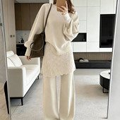 女秋冬温柔慵懒垂感显瘦穿搭毛衣两件套 套装 韩风简约针织衫 阔腿裤