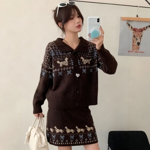港风复古费尔岛提花针织开衫套装秋冬慵懒风加厚减龄毛衣裙两件套