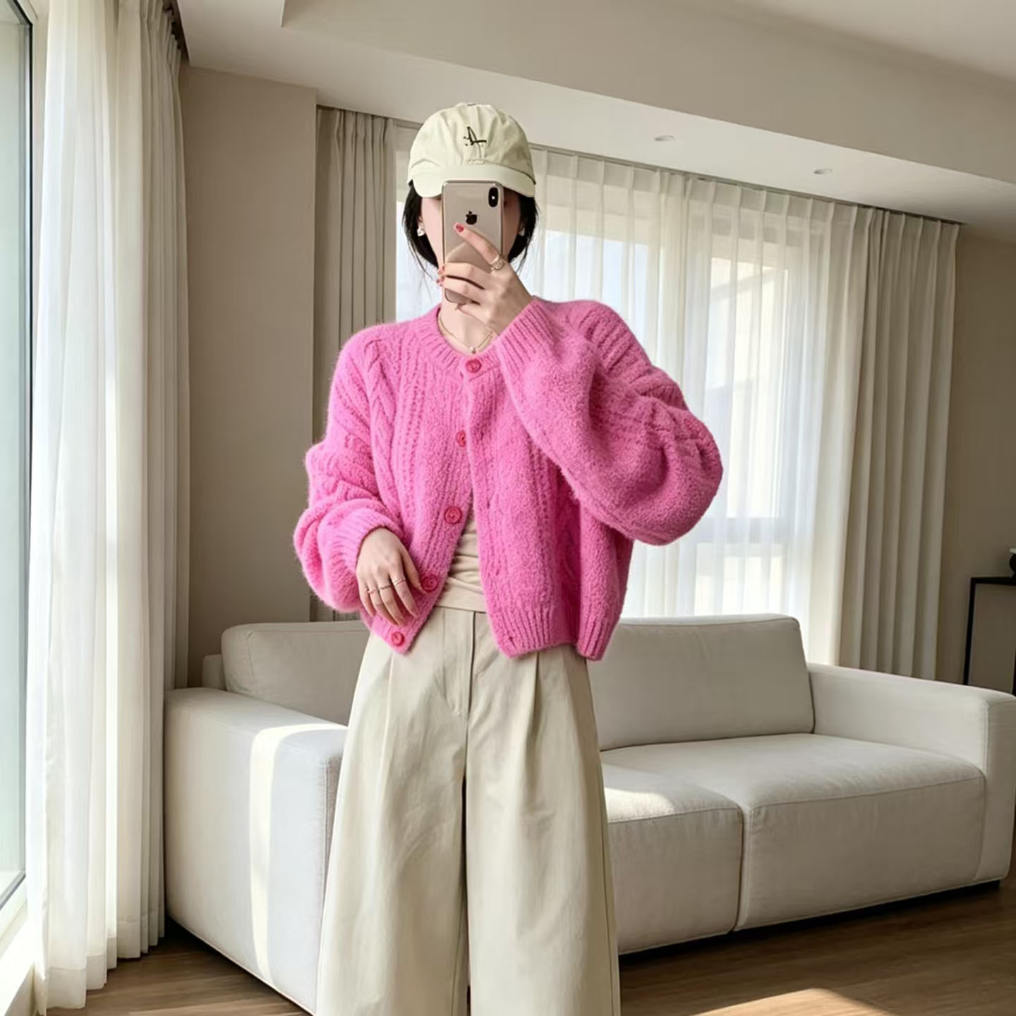慵懒风糖果色甜美针织开衫女早秋短款宽松软糯毛衣外套减龄上衣潮