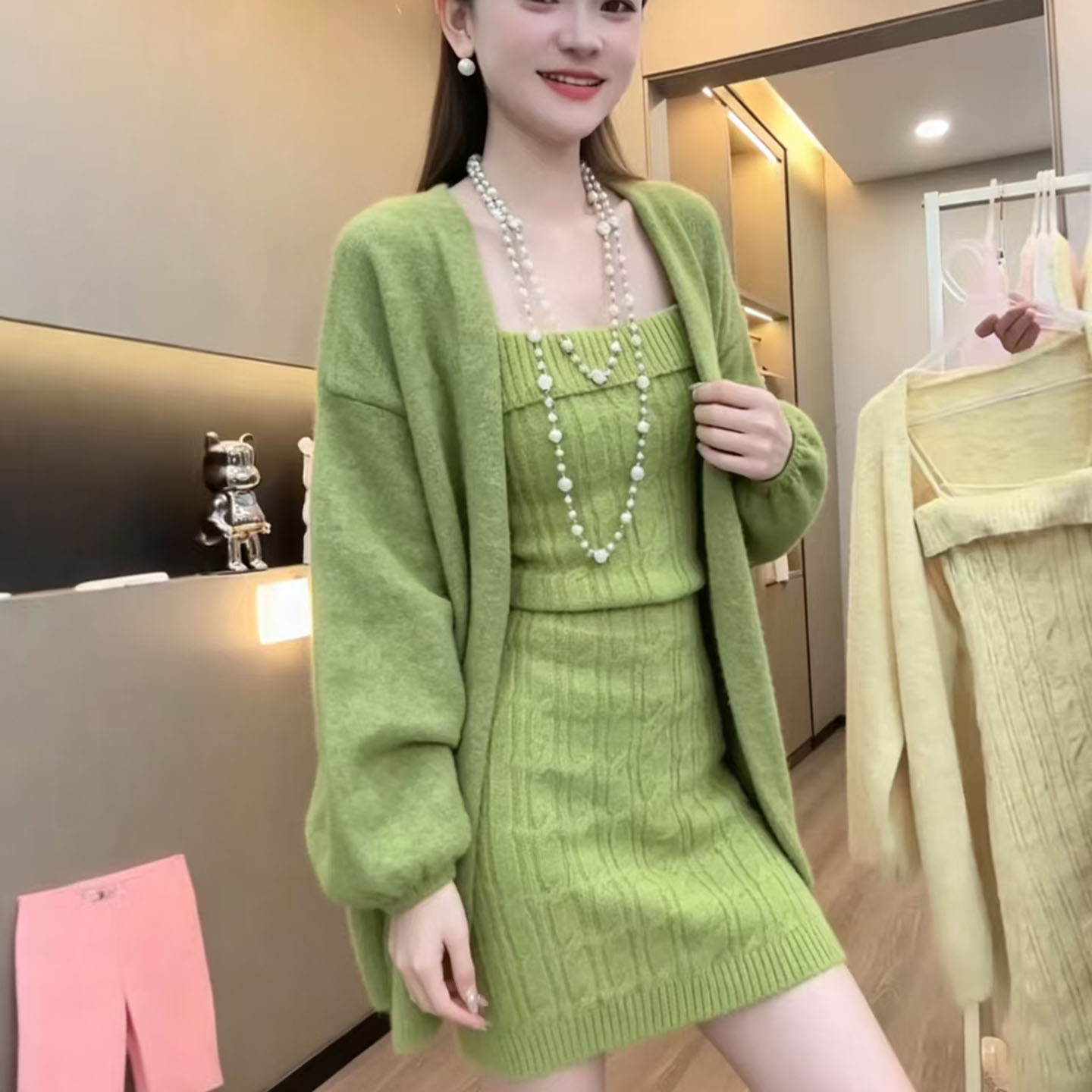 温柔纯欲风修身针织开衫吊带裙两件套女早秋长袖宽松显瘦毛衣套装