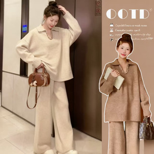 慵懒风加厚设计感针织套装女秋冬宽松显瘦减龄毛衣直筒裤两件套潮