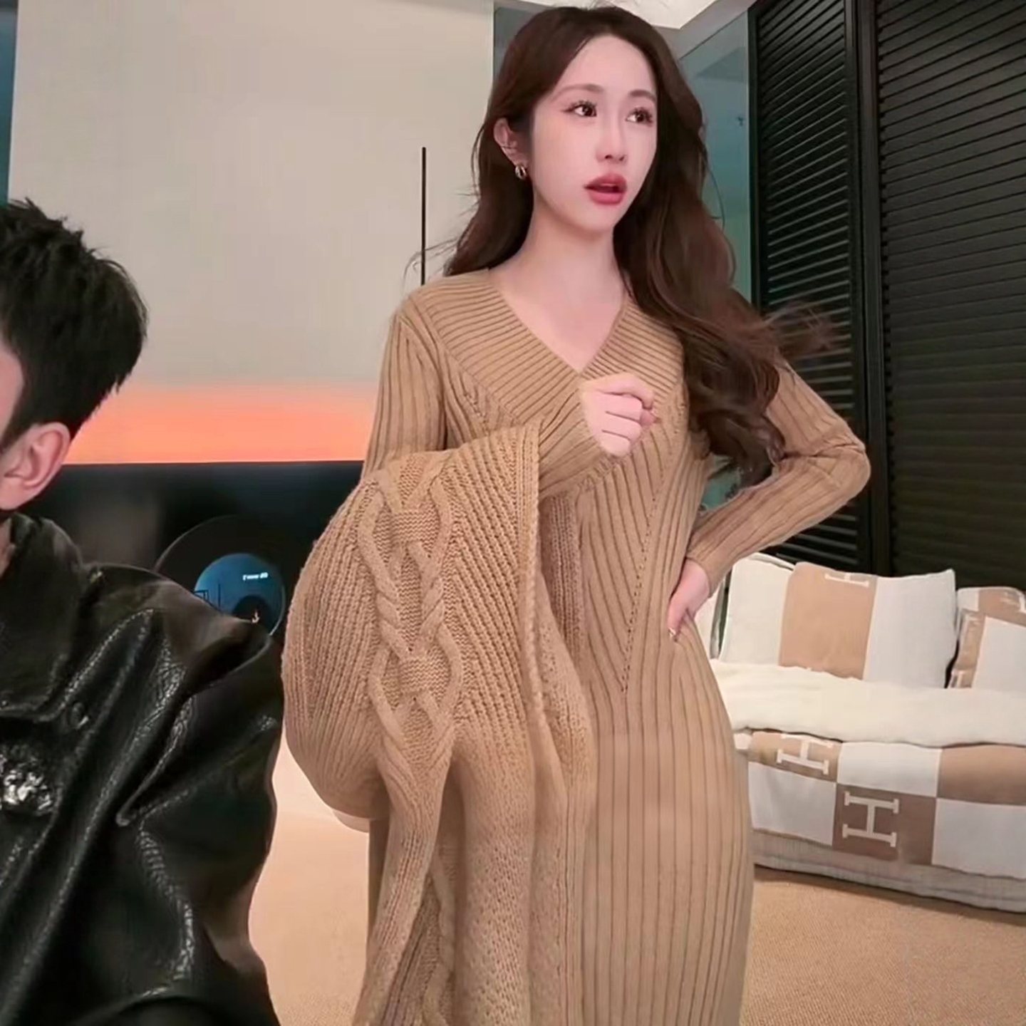 温柔风韩系配大衣针织过膝长裙潮