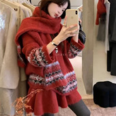 费尔岛风新年圣诞红提花毛衣套装 女秋冬新款 复古慵懒风针织三件套