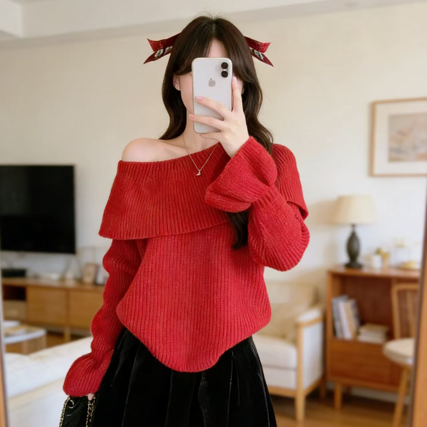 新年红色荷叶边一字肩针织衫女慵懒风宽松减龄遮肉毛衣绝美上衣潮,女装/女士精品,毛针织衫,淘宝优惠券,粉丝福利购,淘宝优惠卷