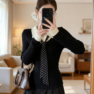 韩版撞色丝巾假两件POLO领针织衫修身显瘦百搭设计感小众毛衣上衣