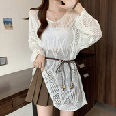 温柔风系带收腰空调衫 慵懒风钩花镂空小众针织罩衫 女春夏新款 上衣