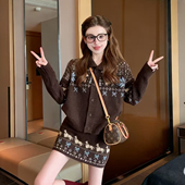 翻领复古提花撞色毛衣套装 女新款 秋冬港味chic慵懒半身裙两件套潮