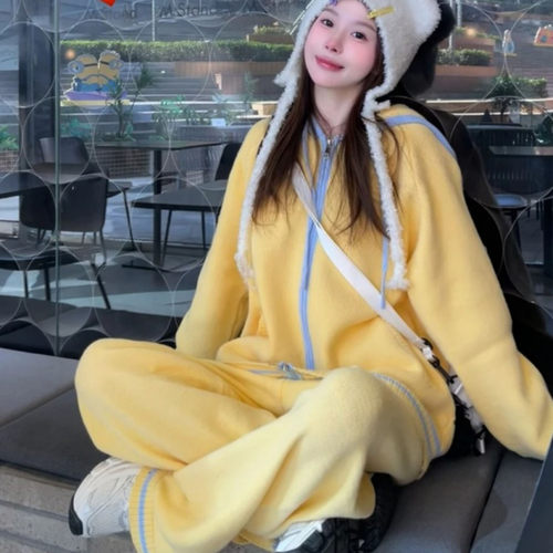 学院风拉链撞色慵懒风针织套装潮