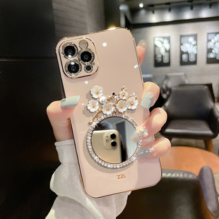 补妆镜适用16苹果15Promax手机壳iPhone14pro女新款11保护套13高级感xs水钻xr高档8plus小众7带镜子硅胶软11