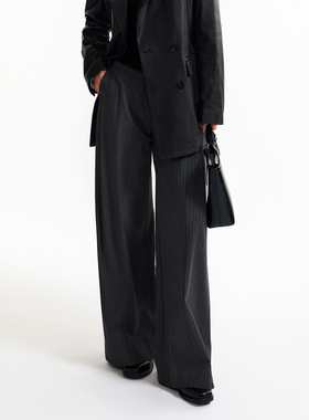 色织条纹立裁高腰阔腿裤西裤 垂顺柔韧 立体褶裥长裤 挺括抗皱