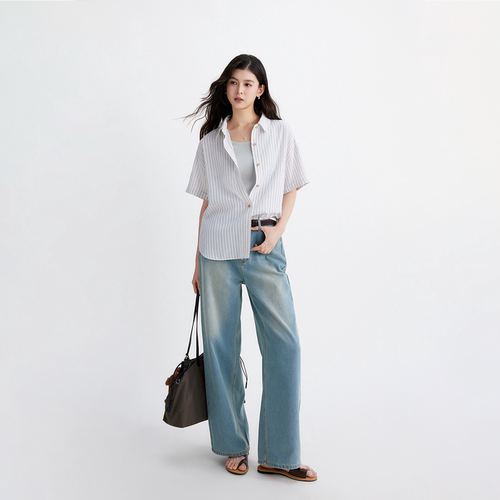 色织条纹衬衫/短裤套装 柔韧透气 挺括有型 男女款外套 全松紧腰