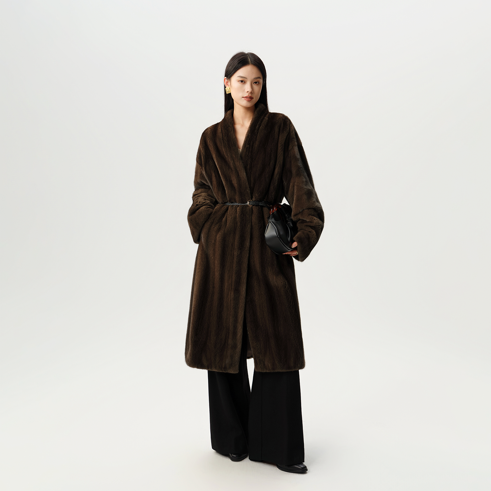 芬兰进口天鹅绒无领长款皮草