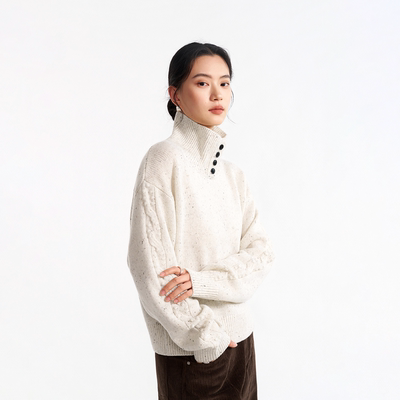 美利奴绵羊毛翻领保暖绞花袖毛衣