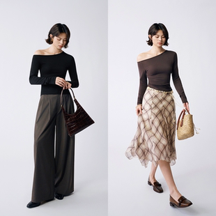 衫 显身材上衣 下摆斜角剪裁 修身 2色 设计感露肩 莱赛尔斜肩长袖