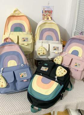 彩色双肩包女生小学生书包初中高中生高颜值简约黑色书包旅行包难