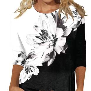 欧美圆领中袖宽松印花恤女士上衣打底衫