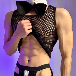 夜店兔子男士渔网内衣性感透视镂空马甲燕尾服男仆夜店酒吧演出服