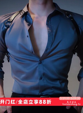 痞男装禁欲系深灰色缎面衬衫男长袖上衣健身博主痞帅修身显瘦衬衣