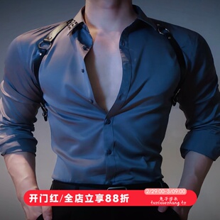 痞男装禁欲系深灰色缎面衬衫男长袖上衣健身博主痞帅修身显瘦衬衣