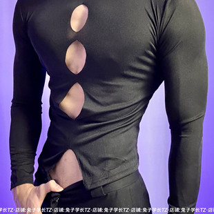 美式辣弟 圆领镂空纯欲性感打底衫男生模特秋冬季长袖修身t恤上衣