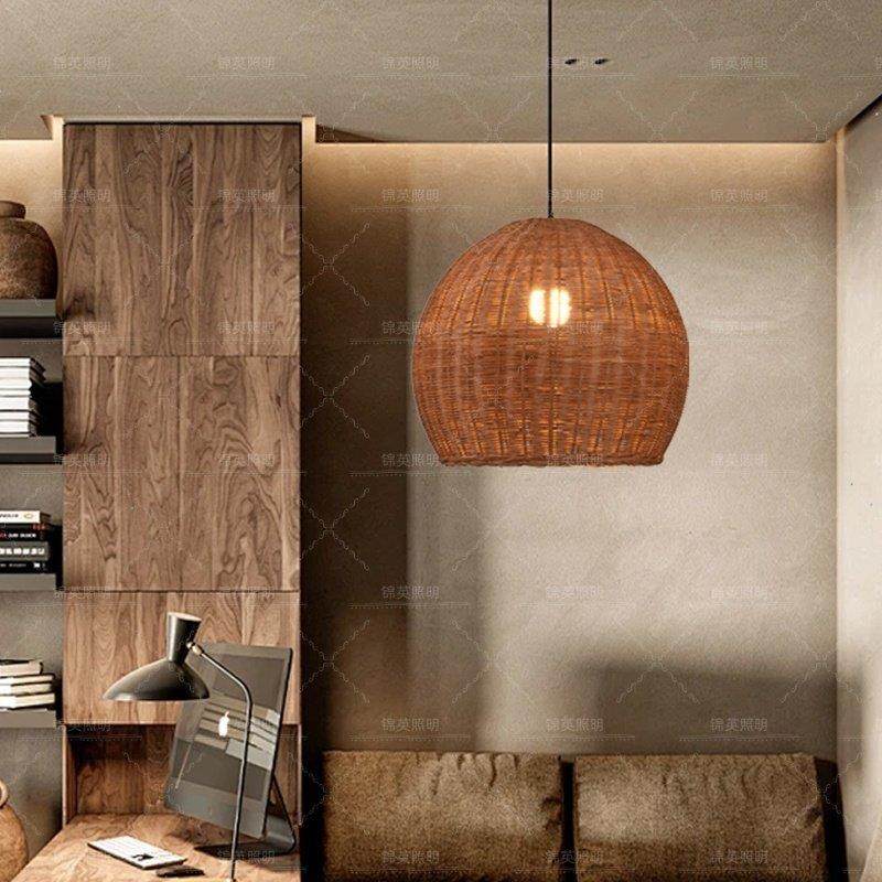 藤编吊灯侘寂风创意个性民宿艺术编织灯罩仿古灯具饭厅饭店酒吧灯,家装灯饰光源,餐厅吊灯,淘宝优惠券,粉丝福利购,淘宝优惠卷